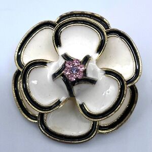 Black White Enamel Camillia floral Brooch 1.5"‎ Unmarked  Austrian Rhinestone